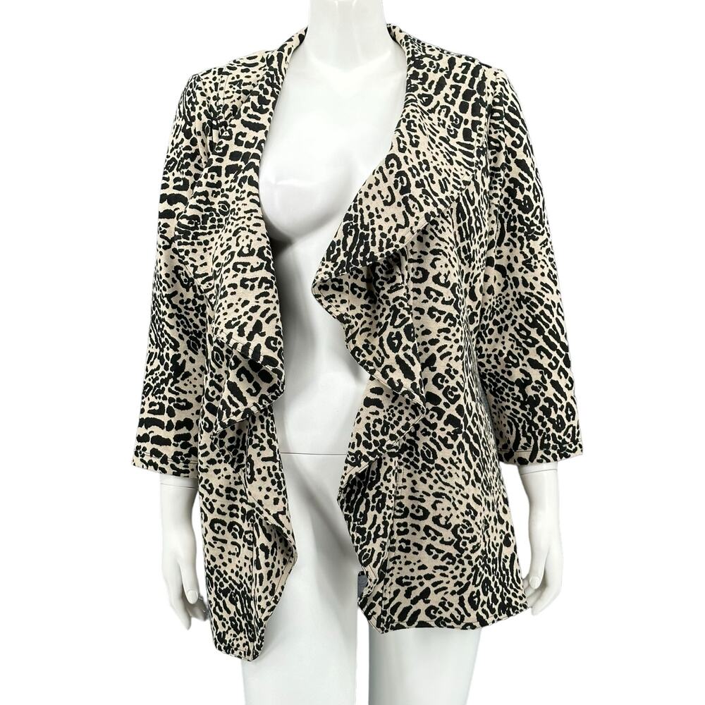 Calvin Klein Jacket Womens 8 Tan Black Leopard Ruffle Open Knit Stretch Mob Wife
